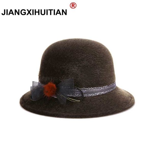 

2017 new fashion and stylish womens felted winter hat pure fur keeping warm flower cap decorating small felted hats, Blue;gray