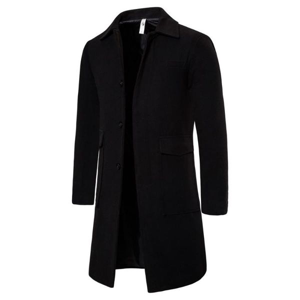 

men's coat long solid winter male woollen overcoat classic windbreaker thermal slim autumn fashion business smart casual, Black