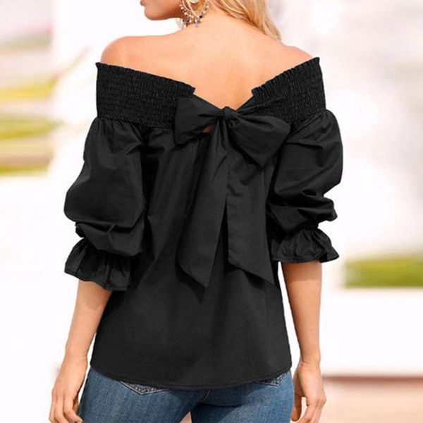 

large size women off shoulder blouse shirts ladies puff sleeve bow bandage blouse elegant harajuku blusas shirt, White