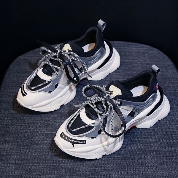 

ins women trendy chunky dad laces platform shoe new color matching cross -tied sneakers tenis chaussures 35-43 mx200425, Black