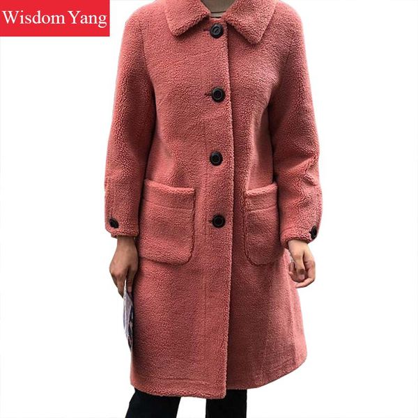 

winter coat women warm woollen real sheep shearing wool red camel pink korean coats cashmere long casual overcoat outerwear, Black