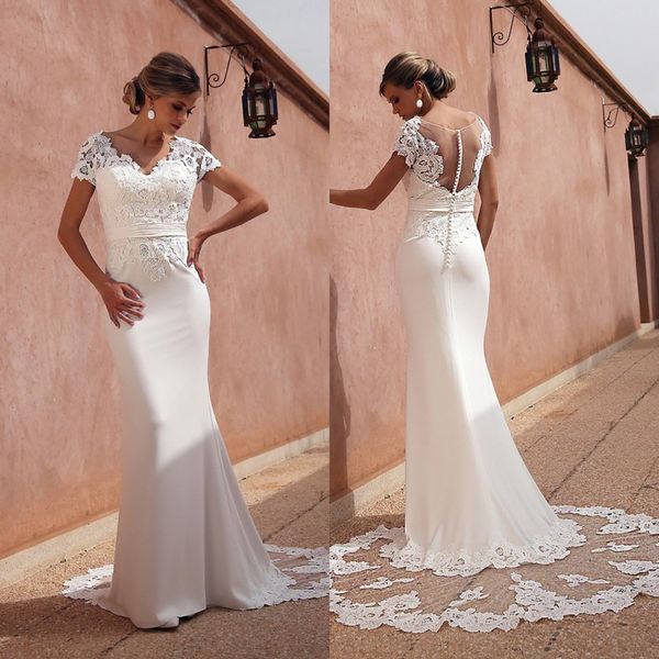 

2020 elegant mermaid wedding dresses short sleeve covered button appliques satin wedding gowns sweep train vestidos de novia, White