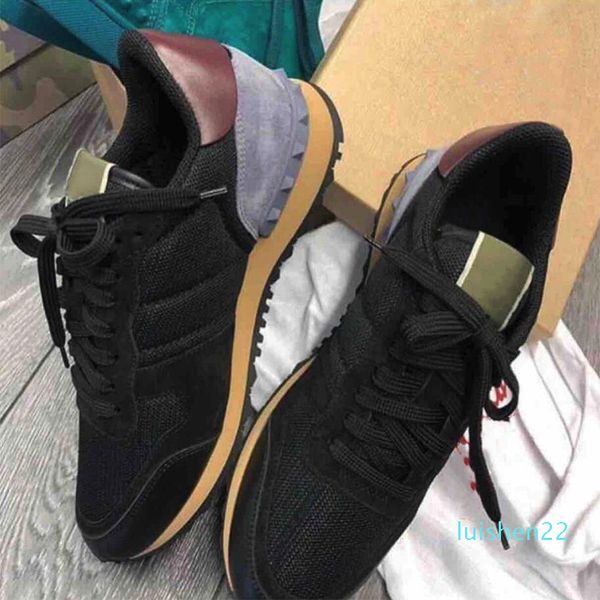 

fashion leather suede stud rockrunner camouflage sneakers shoes men women flats luxury designer rivet rockrunner trainers casual shoe l22, Black