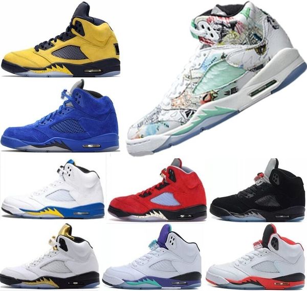 

2020 new 5 5s satin bred michigan wings 3m fire red men basketball shoes international flight space jam sneakers with box