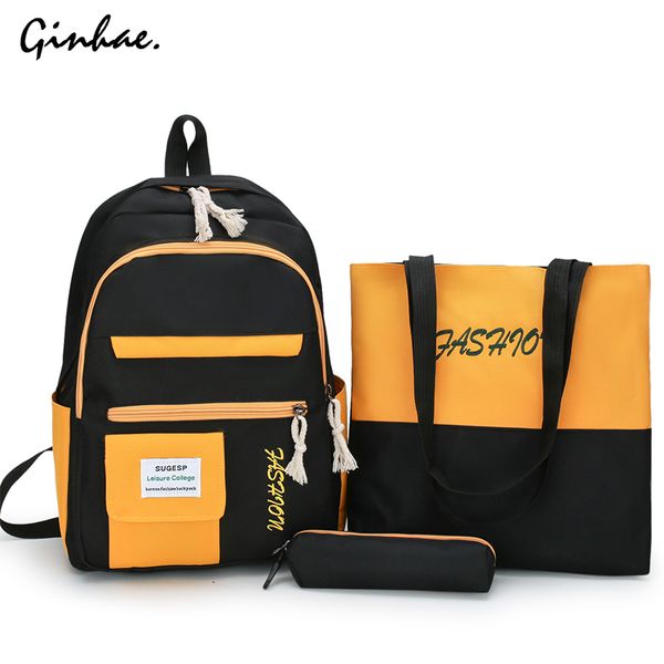 

large capacity canvas backpack student letter shoulder bags multi-pocket school bags for teenagers female 3pcs set book