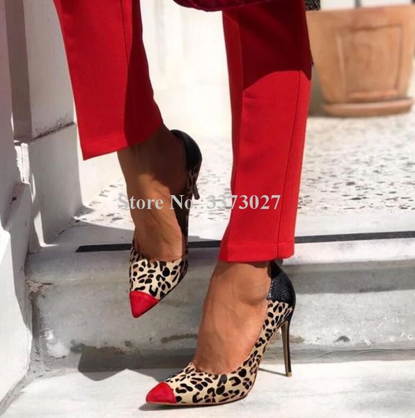 

dress shoes leopard mixed color stiletto heel pumps women fashion pointed toe snakeskin leather single lady high heels, Black