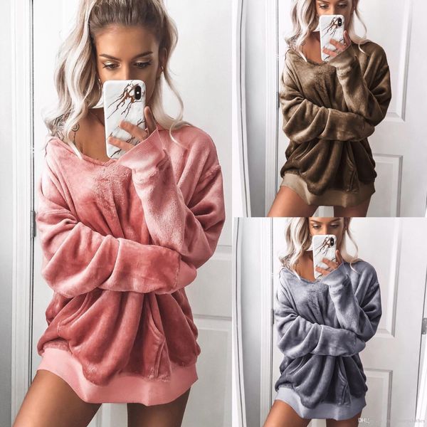 

women winter velvet solid designer hoodies v-neck autumn sweatshirts clothes, Black