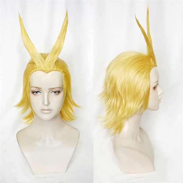 

new boku no academia all might golden wig cosplay anime wig halloween role play my hero academia costume hair+ cap+track, Black