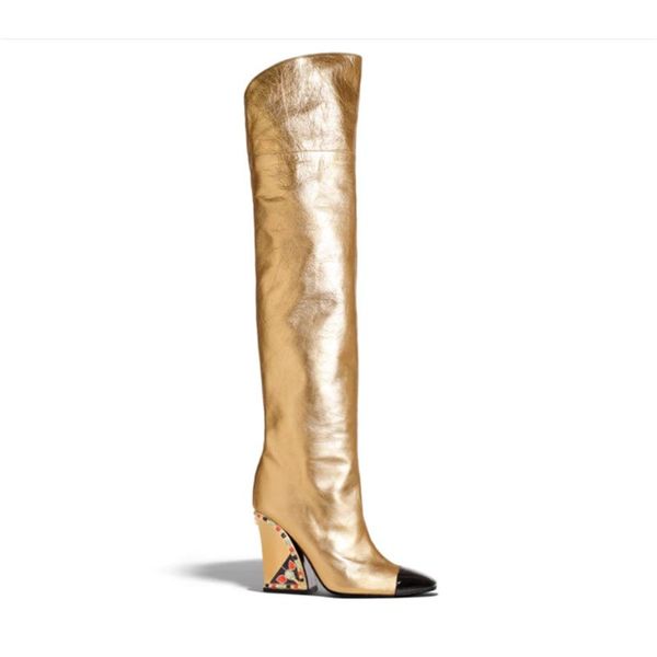 

new design gold over the knee boots women runway crystal studded heel thigh high boots ladies high heels long woman, Black