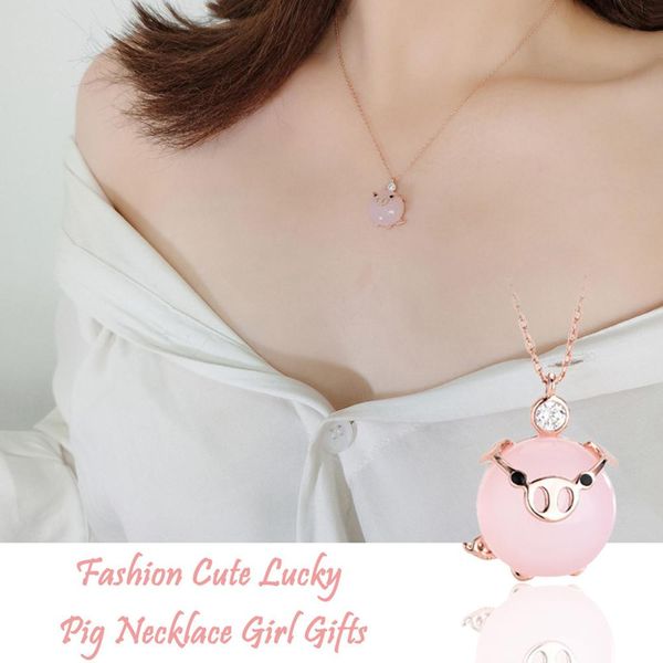 

lucky pig necklaces for women fashion cute rose gold pink crystal pendant necklace girl birthday gift accesorios mujer a1, Silver