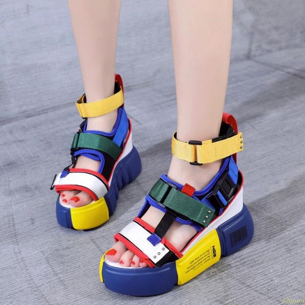 Venda quente-azul sandálias plataforma mulheres 2019 senhoras sapatos casuais cunha alta chunky salto sandálias sapatos de verão alto tornozelo 39