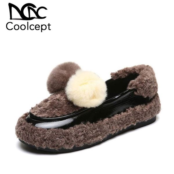 

coolcept women flats shoes winter keep warm plush fur shoes women round toe sweet bowknot cotton slides footwear size 35-40, Black