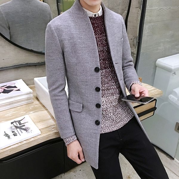 

2019 mens fashion boutique wool pure color business standing collar woolen dust coats / male quality slim leisure trench coats, Black