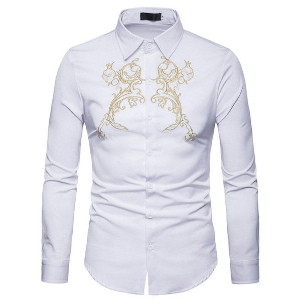 

роскошная золотая вышивка белая социальная рубашка мужчины slim fit с длинным рукавом платье рубашка сорочка homme повседневная рубашка на п, White;black