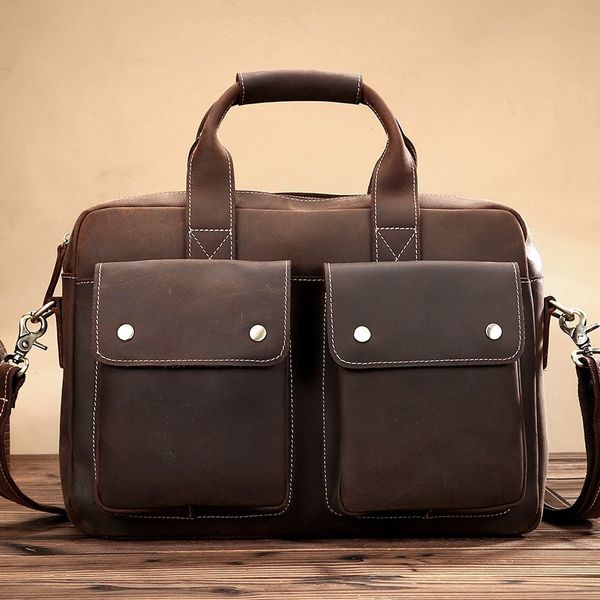 

vintage crazy horse genuine leather men briefcase 15" lapbusiness bag cow shoulder messenger bag office handbag portfolio