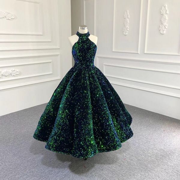 

party dresses sequined umbrella skirt high neck sleeveless ankle length girls wear prom dress, White;black