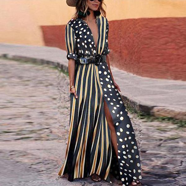 

womens designer dresses vintage high split party shirt dress women t-shirt long maxi dress plus size boho half sleeve swing dots dresses, Black;gray