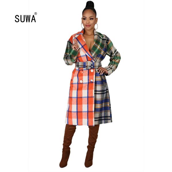 

contrast plaid printed mid-length woolen coat with long sleeves women's double-breasted classic autumn winter ladies jacket, Tan;black