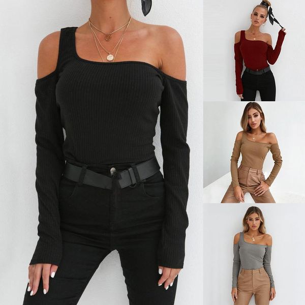 

19ss spring women clothes designer tshirts knitted long sleeved off the shoulder tees, White