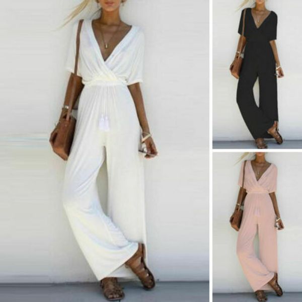 

women ladies jumpsuits summer short sleeve v-neck loose party wide leg fashion style jumpsuits size s-xl, Black;white
