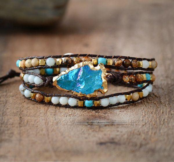 

wrap bracelets natural stones gilded arrowhead quartz charm 3 times friendship bracelet boho bracelet dropshipping, Golden;silver