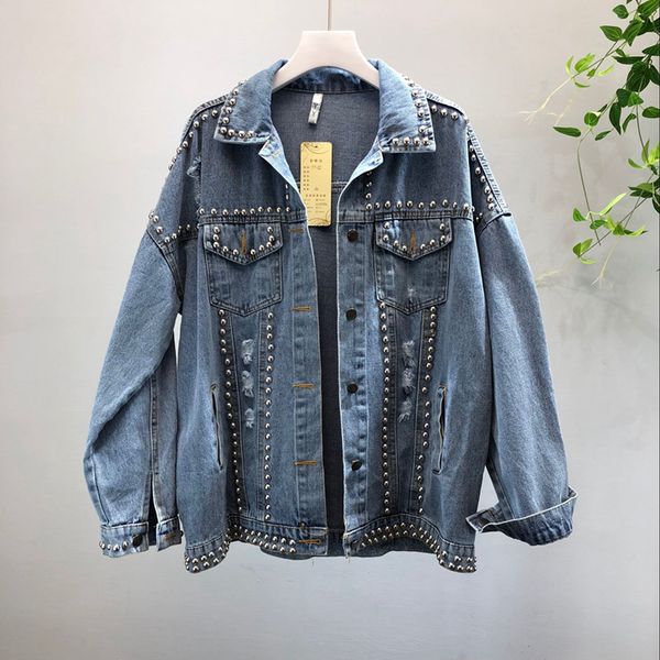 

harajuku style bf fashion woman hole denim jacket loose long sleeve loose casual wide waisted rivet denim jacket female, Black;brown