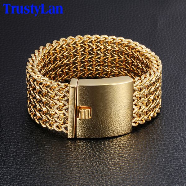 

trustylan 30mm wide 22cm length men's bracelet never fade gold color thick stainless steel bracelet men bangles jewelry armband, Golden;silver