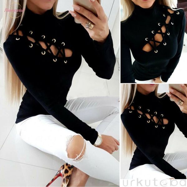 

autumn spring new 2020 t shirts long sleeve hollow out solid t shirts women clothing fashion slim clothes, White