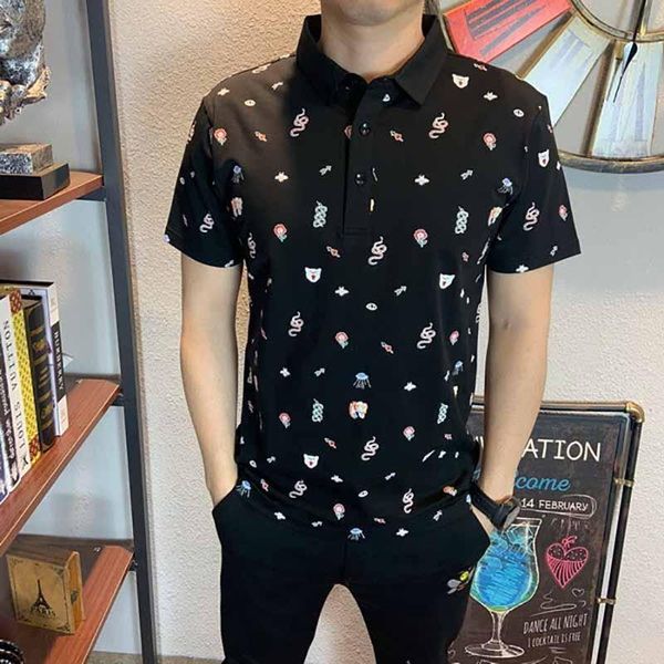 

men's designer polos 2020 summer new brand mens casual polo fashion print pullover lapel breathable men clothing size m-3xl 3 colors, White;black