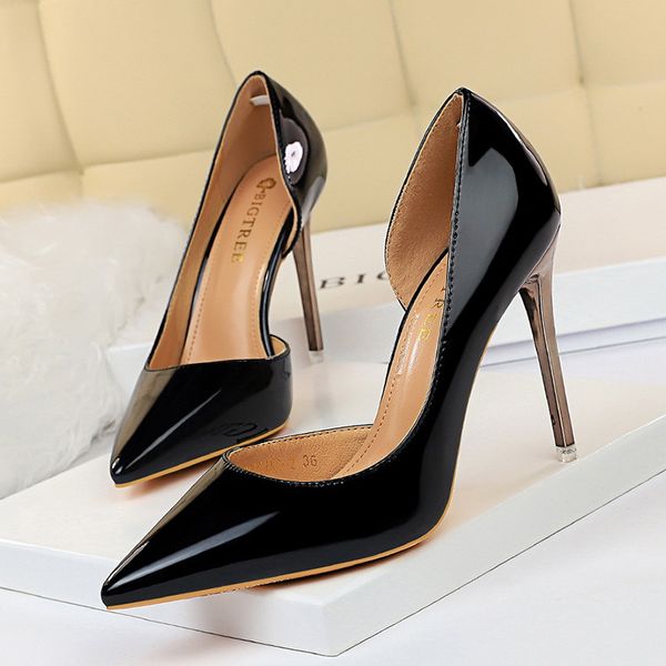 

women pumps 2020 high heels female bridal heels shoes woman pumps lady blue green sliver gold patent leather women heels shoes, Black