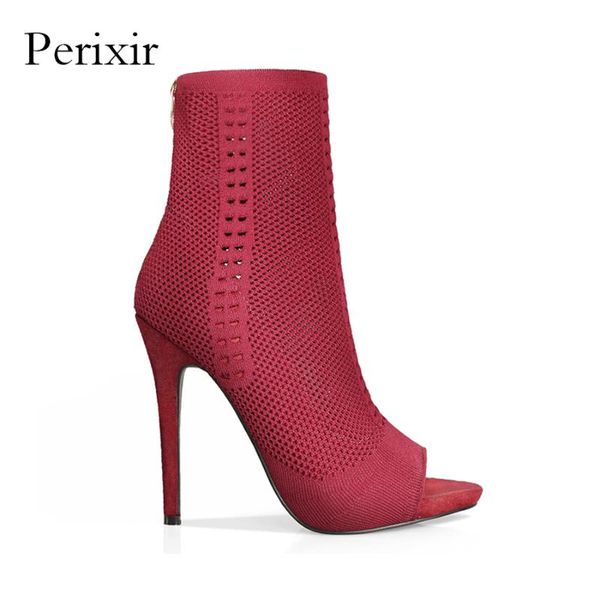 

perixir stretch fabric peep toe hollow out half mid calf boots for women shoes 12cm super high heel boots rome style botas mujer, Black