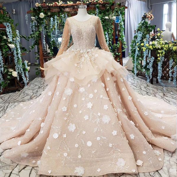 

2019 лето ливан свадебные платья с длинным рукавом тюль покрыты кнопка иллюзия o шеи 3d аппликация кристалл блестки жемчуг свадебные платья, White