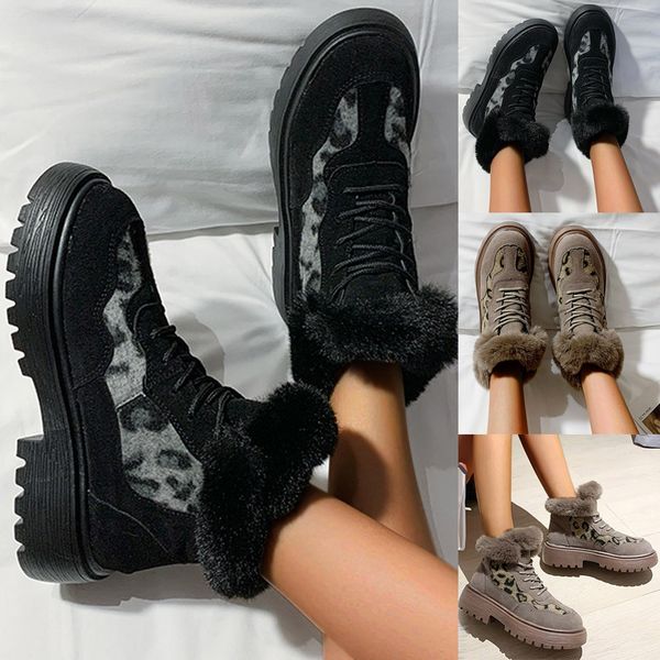 

winter warm women's ankle leopard short-plush lining platforms snow boots, Black