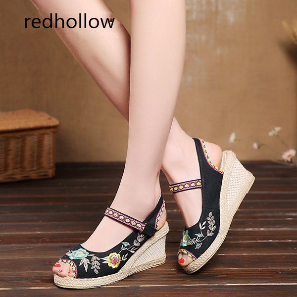 

2018 canvas vintage women straw sandals new high-heeled wedge sandals national embroidered floral shoes girl summer, Black
