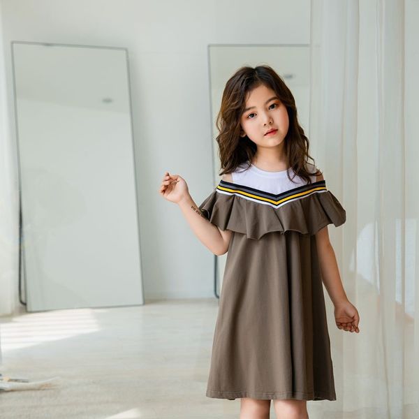 

children's off-the-shoulder dress summer 2019 new girls fashion dress ruffled stitching fake two-piece skirt, Red;yellow