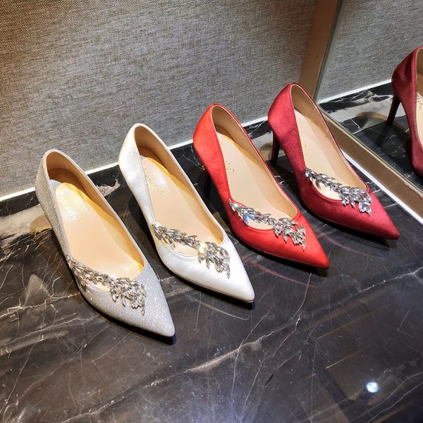 

2019 genuine leather sheos woman pointed toe high heels rhinestone pumps glitter stiletto thin heels wedding shoes, Black