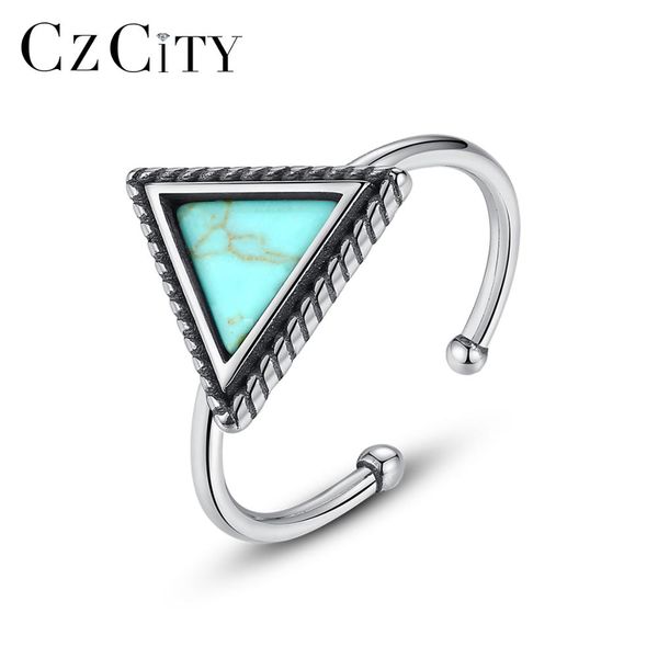 

czcity retro genuine 925 sterling silver open rings for women anniversary fine jewelry created triangle turquoise bague sr0348, Golden;silver