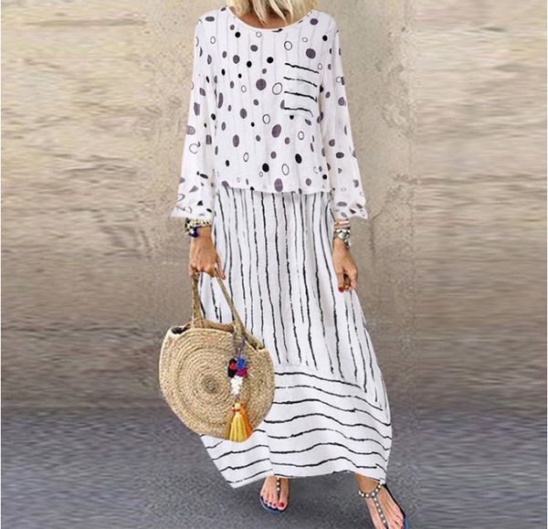 

plus size female casual dresses long sleeve polka dot printed women dresses women fake two piece outfits, Black;gray