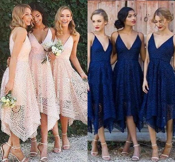 

2020 New Tea Length Country Bridesmaids Dresses Lace A Line Deep V-Neck Beach Sleeveless Maid of Honor Wedding Guest Party Gowns Blush