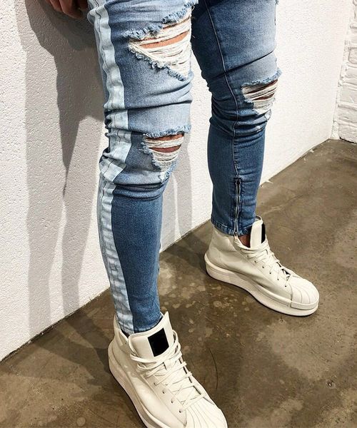 

hip hop mens designer jeans casual ripped holes striped light blue distressed high street pencil jean pants