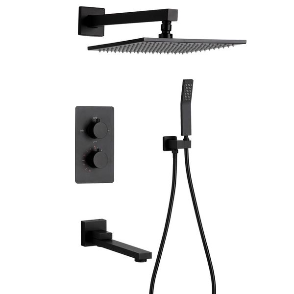 

matte black color stainless steel square rain shower thermostatic shower mixer valve with spout and shower