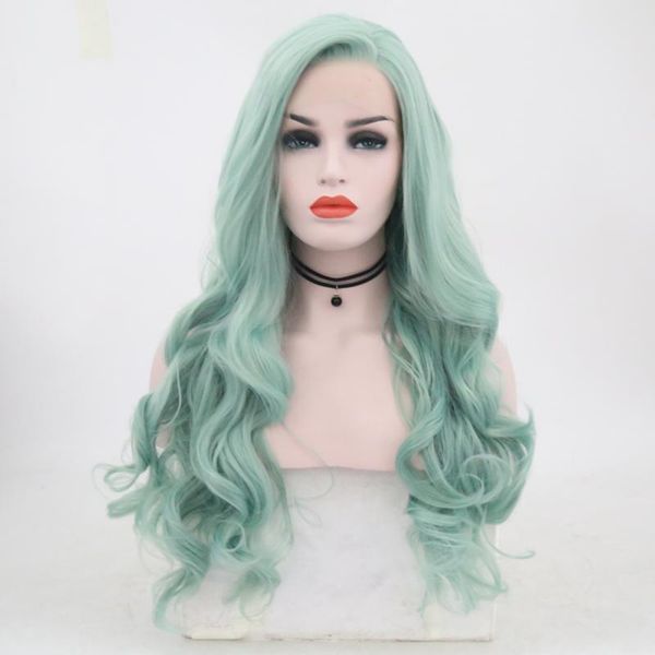 

длинная объемная волна зеленый парик синтетический парик фронта шнурка боковая часть высокотемпературные волокна волос 150% плотность кружев, Black