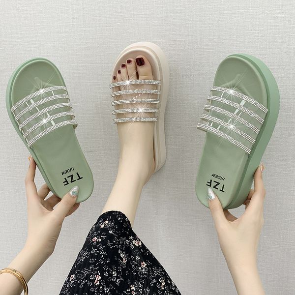 

female shoes med ladies' slippers slides platform jelly flip flops 2020 soft flat glitter rubber pu crystal, Black