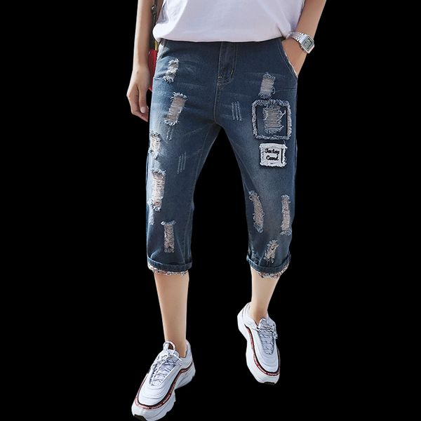 

2020 new fashion mens ripped jeans hole cotton breathable denim shorts casual simple distressed jeans bermuda masculina, Blue