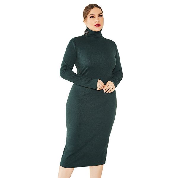 

women solid color turtle neck dresses office lady plus size dresses fashion casual long sleeve clothing, Black;gray