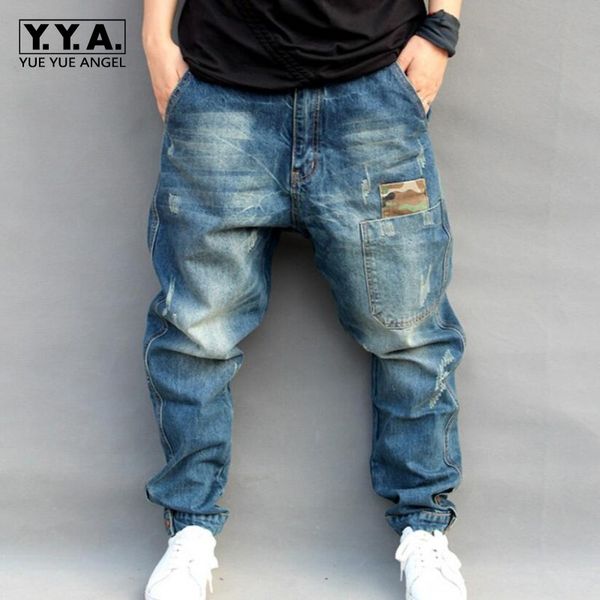

blue hole ripped baggy jeans men hip hop streetwear skateboarder denim pants men's loose fit plus size hiphop jeans size s-4xl
