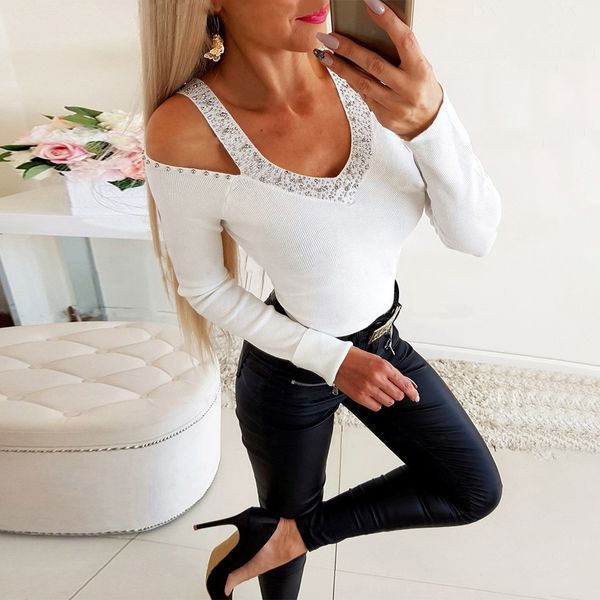 

rhinestone t-shirt patchwork hollow off shoulder tshirt long sleeves v-neck tshirts women's t-shirt camiseta mujer, White