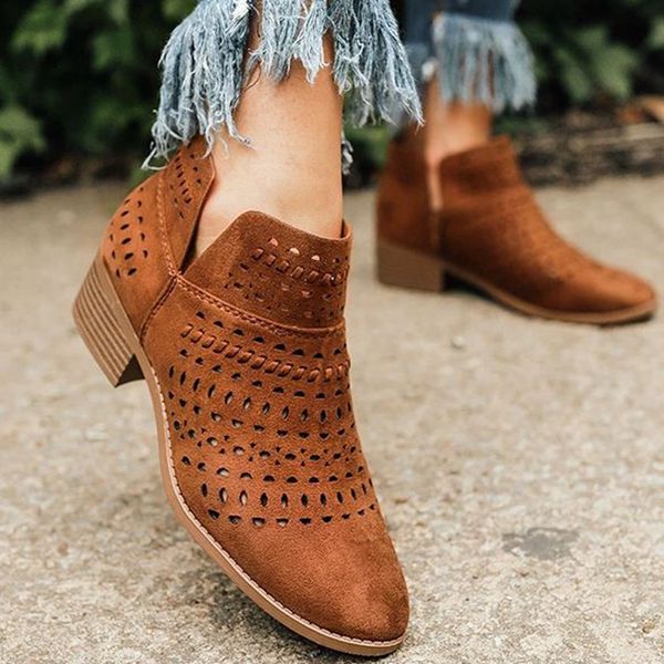 

puimentiua 2019 fashion women boots spring summer block low heel ladies booties pu leather hollow out ankle platform shoes, Black