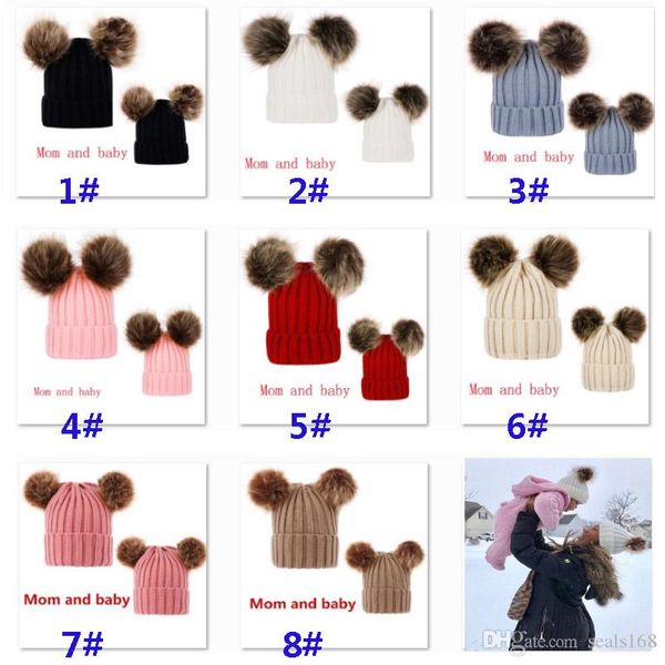 

cute parent-child knit hat winter warm mom baby beanie ski cap head hooded caps for women girls kids with hair ball party hats hh9-2418