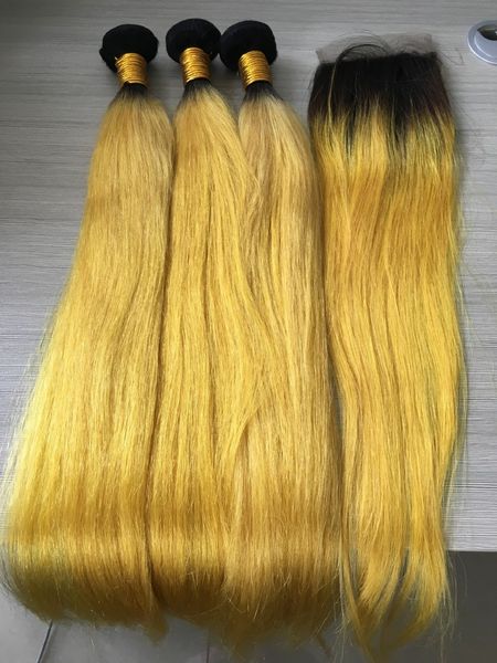 2019 Raw Brazilian Hair Bundles With Closure Yellow Ombre Hair